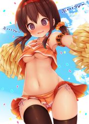 Rule 34 | 1girl, @ @, armband, bare shoulders, black thighhighs, blue sky, blush, breasts, brown eyes, brown hair, cheerleader, cloud, commentary request, confetti, crop top, day, dutch angle, gluteal fold, hair ornament, hair scrunchie, hairband, highres, holding, long hair, low twintails, medium breasts, microskirt, midriff, minato ojitan, navel, no bra, nose blush, orange scrunchie, orange shirt, orange skirt, original, panties, parted lips, pink panties, pleated skirt, pom pom (cheerleading), red hairband, revision, scrunchie, shirt, side-tie panties, skirt, sky, solo, stomach, tank top, thighhighs, thighs, translation request, twintails, underboob, underwear