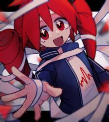 Rule 34 | 1girl, bandages, black jacket, commentary request, drill hair, eyebrows hidden by hair, film grain, jacket, kasane teto, long sleeves, luodi liangdiao, open clothes, open jacket, open mouth, red eyes, red hair, shirt, smile, solo, synthesizer v, twin drills, ultra trailer (synthesizer v), upper body, utau, white shirt