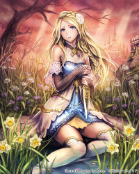 Rule 34 | 1girl, anbe yoshirou, blonde hair, bridal gauntlets, dagger, detached sleeves, dress, flower, grass, grey eyes, knife, long hair, looking at viewer, official art, original, petals, solo, tenkuu no crystalia, thighhighs, tree, water, weapon, white thighhighs