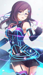 Rule 34 | 1girl, blue eyes, blurry, blush, breasts, brown hair, cleavage, depth of field, elbow gloves, fingerless gloves, garter straps, glasses, gloves, idolmaster, idolmaster cinderella girls, idolmaster cinderella girls starlight stage, juugonichi (wheeliex2), long hair, looking at viewer, medium breasts, solo, thighhighs, yagami makino