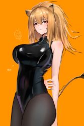Rule 34 | 1girl, absurdres, alternate costume, animal ears, arknights, arms behind back, arrow (symbol), bare arms, bare shoulders, black leotard, black pantyhose, blonde hair, blush, breasts, closed mouth, covered navel, english text, highres, large breasts, latex, latex leotard, leotard, lion ears, lion girl, lion tail, long hair, looking at viewer, orange background, pantyhose, ponytail, red eyes, sidelocks, siege (arknights), simple background, solo, tail, wawamachi (wawamachis)