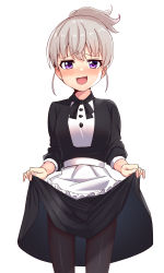 Rule 34 | 1girl, :d, absurdres, ao (flowerclasse), apron, black dress, black pantyhose, blush, breasts, commentary request, dress, frilled apron, frills, grey hair, highres, long sleeves, looking at viewer, nose blush, open mouth, pantyhose, ponytail, purple eyes, simple background, slow loop, small breasts, smile, solo, sweat, waist apron, white apron, white background, yoshinaga koi