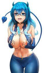 Rule 34 | 1girl, areola slip, bare shoulders, between breasts, black choker, blue-framed eyewear, blue bra, blue eyes, blue gloves, blue hair, blue horns, blue nails, blue pants, blue tail, blush, bra, braco, breasts, choker, cleavage, collarbone, commission, commissioner upload, covered erect nipples, cross, cross necklace, demon girl, demon horns, demon tail, elbow gloves, fingerless gloves, food, freckles, glasses, gloves, hair between eyes, heart, heart-shaped pupils, heart choker, highres, horns, jewelry, large breasts, long hair, looking at viewer, messy hair, multicolored hair, nail polish, navel, navel piercing, necklace, open mouth, original, pants, piercing, popsicle, rectangular eyewear, revealing clothes, saliva, saliva trail, grabbing own breast, sidelocks, smile, solo, sports bra, sweat, symbol-shaped pupils, tail, teeth, tongue, tongue out, tongue piercing, transparent background, two-tone hair, underwear, unzipped, upper teeth only, wavy hair, yoga pants