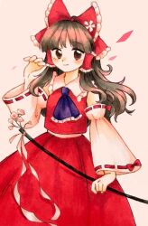 Rule 34 | 1girl, ascot, blue ascot, blush, bow, brown eyes, brown hair, commentary request, detached sleeves, floral print, flower, frilled ascot, frilled bow, frilled hair tubes, frilled shirt collar, frilled vest, frills, gohei, hair bow, hair tubes, hakurei reimu, highres, holding, holding gohei, itsuki ( dw), long hair, long sleeves, looking at viewer, petals, phantasmagoria of flower view, pink flower, red bow, red ribbon, red skirt, red vest, ribbon, ribbon-trimmed sleeves, ribbon trim, shirt, simple background, skirt, sleeveless, sleeveless shirt, smile, solo, touhou, traditional media, vest, white background, white sleeves, wide sleeves