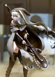 Rule 34 | 1girl, absurdres, arknights, bad id, bad pixiv id, black footwear, black nails, boots, circular saw, commentary request, floating hair, grey cloak, habit, highres, holding, holding weapon, kusami toka naku au, long hair, looking to the side, nail polish, nun, red eyes, saw, silver hair, solo, specter (arknights), thighhighs, very long hair, weapon
