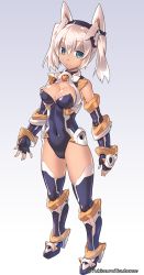 Rule 34 | 1girl, aqua eyes, arm guards, armor, armored boots, arms at sides, artist name, bare shoulders, black footwear, black gloves, black thighhighs, blue eyes, bodysuit, boots, breasts, brown theme, cleavage, cleavage cutout, closed mouth, clothing cutout, collar, colored eyelashes, covered navel, dark-skinned female, dark skin, elbow gloves, eyebrows, faulds, fingerless gloves, full body, gloves, gorget, gradient background, grey background, hair between eyes, halterneck, headgear, high heel boots, high heels, knee boots, legs apart, leotard, light smile, original, science fiction, short hair, short twintails, sideboob, silver hair, simple background, skin tight, smile, solo, tan, tareme, thick eyebrows, thighhighs, thighs, turtleneck, twintails, twitter username, vambraces, yukimura tsubame