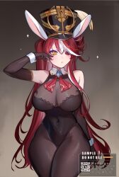 Rule 34 | 1girl, animal ears, artist name, bare shoulders, black background, black gloves, bodysuit, breasts, cleavage, commentary request, covered navel, elbow gloves, gloves, hat, heterochromia, highres, hololive, houshou marine, houshou marine (marching band), large breasts, leotard, leotard under clothes, long hair, maealgae1, military hat, multicolored hair, navel, rabbit ears, red eyes, red hair, red ribbon, ribbon, sample watermark, see-through, see-through cleavage, see-through leotard, solo, streaked hair, twintails, very long hair, virtual youtuber, watermark, white hair, yellow eyes