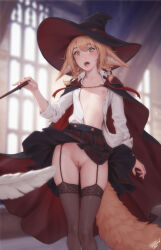 Rule 34 | 1girl, animal ear fluff, animal ears, black cloak, black hat, black skirt, black thighhighs, blonde hair, blurry, blurry background, blurry foreground, cleft of venus, cloak, collared shirt, commentary, depth of field, english commentary, feathers, feet out of frame, flat chest, fox ears, fox girl, fox tail, garter straps, hat, highres, holding, holding wand, khiara (personal ami), miniskirt, nipples, open clothes, open mouth, open shirt, original, personal ami, plaid, plaid skirt, pleated skirt, pussy, red cloak, red hat, shirt, signature, skirt, solo, standing, tail, teeth, thighhighs, two-sided cloak, two-sided fabric, two-sided headwear, two-tone cloak, two-tone headwear, wand, white shirt, witch hat, yellow eyes