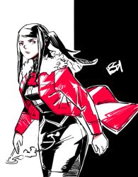 Rule 34 | 1girl, black hair, black skirt, breasts, cigarette, commentary, cowboy shot, english commentary, from side, jacket, jill stingray, kiririn51, pantyhose, pencil skirt, red eyes, red jacket, side ponytail, sidelocks, signature, skirt, small breasts, smoke, solo, va-11 hall-a