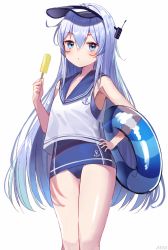 Rule 34 | 1girl, anchor symbol, aroa (aroamoyasi), artist name, blue eyes, blue hair, blue sailor collar, blush, food, hair between eyes, hand on own hip, hibiki (kancolle), holding, holding food, ice cream, kantai collection, long hair, looking at viewer, popsicle, sailor collar, school swimsuit, simple background, solo, swimsuit, swimsuit under clothes, thighs, very long hair, visor cap, white background