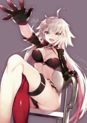 Rule 34 | 1girl, absurdres, ahoge, bad id, bad pixiv id, bikini, black bikini, black jacket, breasts, choker, cleavage, commentary request, cowboy shot, fate/grand order, fate (series), grey background, hair between eyes, highres, jacket, jeanne d&#039;arc alter (swimsuit berserker) (fate), jeanne d&#039;arc (fate), jeanne d&#039;arc alter (fate), jeanne d&#039;arc alter (swimsuit berserker) (fate), large breasts, long hair, looking at viewer, md5 mismatch, o-ring, red thighhighs, resolution mismatch, satsuki misuzu, shrug (clothing), solo, swimsuit, thigh strap, thighhighs, waving arm, yellow eyes
