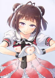 Rule 34 | 1girl, antenna hair, between breasts, blush, bow, breasts, brown eyes, brown hair, clothes lift, double bun, frilled skirt, frills, full body, gloves, hair bun, heart, heart-shaped pupils, heart hands, idol, kantai collection, kou1, looking at viewer, md5 mismatch, naka (kancolle), naka kai ni (kancolle), necktie, necktie between breasts, nipples, open mouth, pleated skirt, puffy short sleeves, puffy sleeves, resolution mismatch, shirt lift, short hair, short sleeves, simple background, skirt, smile, solo, source larger, symbol-shaped pupils, tearing up, white bow, white gloves, white skirt