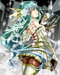 Rule 34 | 1girl, bad id, bad pixiv id, boots, detached sleeves, flower, from behind, gloves, green hair, hair flower, hair ornament, hair ribbon, hatsune miku, highres, ichinose777, long hair, looking back, panties, panties under pantyhose, pantyhose, pantyshot, ribbon, skirt, solo, thigh boots, thighhighs, underwear, upskirt, very long hair, vocaloid