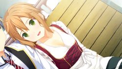 Rule 34 | 1girl, bench, blush, breasts, brown hair, cleavage, collarbone, donuthouse, dutch angle, game cg, green eyes, hair ornament, hairclip, looking away, mayachi (amuriya), necktie, open mouth, short hair, sitting, small breasts, smile, valkyrie runabout!