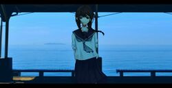 Rule 34 | 1girl, amemori sayo, bench, black eyes, black hair, black sailor collar, black skirt, blue neckerchief, blue sky, blurry, blurry background, braid, closed mouth, commentary, cowboy shot, day, floating hair, half-closed eyes, highres, horizon, kushinaka, letterboxed, light smile, long hair, looking at viewer, low twin braids, muted color, neckerchief, nijisanji, ocean, official alternate costume, outdoors, pleated skirt, sailor collar, school uniform, serafuku, shade, shelter, shirt, short sleeves, skirt, sky, solo, standing, straight-on, summer uniform, twin braids, virtual youtuber, white shirt, wind