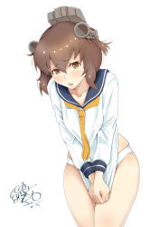 Rule 34 | 1girl, absurdres, artist logo, blue sailor collar, brown eyes, brown hair, commentary request, covering privates, covering crotch, cowboy shot, dress, headgear, headset, highres, island lagoon, kantai collection, leaning forward, neckerchief, panties, sailor collar, sailor dress, short dress, short hair, simple background, solo, speaking tube headset, underwear, white background, white panties, yellow neckerchief, yukikaze (kancolle)