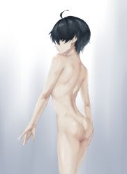 Rule 34 | 1boy, absurdres, ahoge, ass, back, bad id, bad pixiv id, black hair, blue eyes, completely nude, cowboy shot, crossed fingers, dim dim, expressionless, from behind, gradient background, hair over one eye, hand on own ass, highres, male focus, nude, original, profile, shiny skin, short hair, shoulder blades, solo, standing