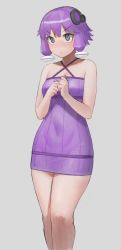 Rule 34 | 1girl, bare shoulders, blush, breasts, closed mouth, commentary request, dress, feet out of frame, grey background, grey eyes, highres, medium hair, oruka (kamituki0827), purple dress, purple hair, shadow, sidelocks, simple background, small breasts, solo, thick thighs, thighs, v-shaped eyebrows, vocaloid, yuzuki yukari