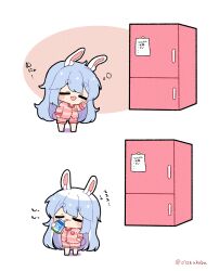 Rule 34 | 0725akaba, 1girl, :d, animal ear fluff, animal ears, barefoot, blue hair, brown background, chibi, closed eyes, commentary request, drinking, drinking straw, hair down, highres, holding carton, hololive, jacket, long hair, long sleeves, milk carton, open mouth, pink jacket, pink shorts, rabbit ears, rabbit girl, rabbit tail, refrigerator, short eyebrows, shorts, smile, striped clothes, striped jacket, striped shorts, tail, thick eyebrows, translation request, twitter username, two-tone background, usada pekora, very long hair, virtual youtuber, white background