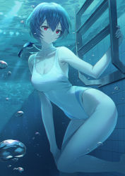 Rule 34 | 1girl, air bubble, alternate breast size, ayanami rei, bare shoulders, blue hair, breasts, bubble, cleavage, closed mouth, collarbone, curvy, goggles, goggles around neck, highleg, highleg swimsuit, highres, looking at viewer, looking away, medium breasts, mhk (mechamania), neon genesis evangelion, one-piece swimsuit, pool, pool ladder, red eyes, short hair, solo, swimsuit, thighs, underwater, water, white one-piece swimsuit