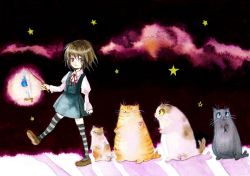 Rule 34 | candle, cat, child, dress, original, painting (medium), solo, striped clothes, striped thighhighs, tetuankyo, thighhighs, traditional media, walking, watercolor (medium)