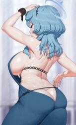 Rule 34 | 1girl, ako (blue archive), ako (dress) (blue archive), arm up, ass, blue archive, blue hair, breasts, butt crack, facing away, from behind, highres, huge breasts, maruko tooto, solo