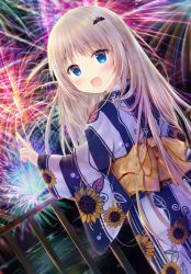 Rule 34 | 1girl, :d, aerial fireworks, bat hair ornament, blue eyes, blush, bow, commentary request, dutch angle, fang, fireworks, floral print, hair ornament, hand up, highres, horizon, index finger raised, japanese clothes, kimono, light brown hair, little busters!, long hair, long sleeves, looking at viewer, looking back, maruma (maruma gic), night, night sky, nose blush, noumi kudryavka, obi, ocean, open mouth, outdoors, plaid, plaid bow, print kimono, railing, reflection, sash, sky, smile, solo, standing, striped clothes, striped kimono, sunflower print, vertical-striped clothes, vertical-striped kimono, very long hair, water, wide sleeves, yellow bow