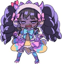 Rule 34 | 1girl, black hair, blue bow, blue thighhighs, bow, chibi, claw pose, dress, frilled dress, frills, full body, gaaruru (pripara), gloves, hair bow, hairband, hands up, headphones, horns, idol clothes, legs apart, long hair, looking at viewer, open mouth, paw shoes, pink bow, pink footwear, pink gloves, pink horns, pretty series, pripara, purple eyes, ritsu (roboroboro), simple background, solo, standing, thighhighs, white background, white hairband