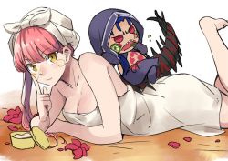 Rule 34 | 1boy, 1girl, aono shimo, bad id, bad pixiv id, bare shoulders, blue hair, breasts, chibi, cleavage, cu chulainn (fate), cu chulainn (fate/stay night), cu chulainn alter (fate/grand order), cucumber, fate/grand order, fate (series), flower, lancer, long hair, looking at viewer, lying, medb (fate), medb (fate), naked towel, on stomach, pink hair, red eyes, sharp teeth, sitting, smile, teeth, towel, yellow eyes