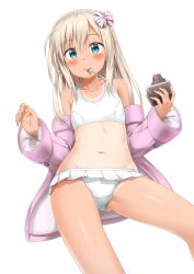Rule 34 | 10s, 1girl, absurdres, bare legs, bikini, blonde hair, blue eyes, blush, bow, bowtie, collarbone, food, gluteal fold, groin, hair between eyes, hair ribbon, highres, ice cream, jacket, kantai collection, long hair, looking at viewer, navel, nedia (nedia region), one-piece swimsuit, one-piece tan, pink jacket, ribbon, ro-500 (kancolle), simple background, solo, spoon, sprinkles, swimsuit, tan, tanline, utensil in mouth, white background, white one-piece swimsuit