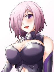 Rule 34 | 1girl, bare shoulders, breasts, cleavage, cleavage cutout, clothing cutout, elbow gloves, eyes visible through hair, fate/grand order, fate (series), gloves, hair over one eye, ken tatsuki, large breasts, leotard, mash kyrielight, navel, navel cutout, purple eyes, purple gloves, purple hair, short hair, smile, solo