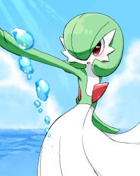 Rule 34 | 1girl, arm up, blue background, blue sky, blush, bob cut, cloud, colored skin, creatures (company), day, female focus, flat chest, game freak, gardevoir, gen 3 pokemon, green hair, green skin, hair over one eye, happy, highres, horizon, light rays, looking to the side, muguet, multicolored skin, nintendo, ocean, one eye covered, open mouth, outdoors, outstretched arm, pokemon, pokemon (creature), red eyes, short hair, sky, smile, solo, standing, sunlight, two-tone skin, water, white skin