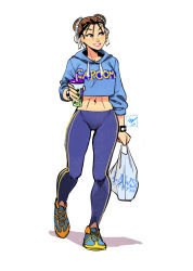 Rule 34 | 1girl, adapted costume, bag, blue footwear, blue hoodie, blue pants, brown eyes, brown hair, bubble tea, bun cover, capcom, chun-li, commentary, cropped hoodie, cup, disposable cup, double bun, drinking straw, earrings, english commentary, full body, hair bun, hood, hoodie, jewelry, lawson, lipstick, makeup, navel, pants, pink lips, shoes, shopping bag, short hair, sleeves pushed up, sneakers, solo, stomach, street fighter, street fighter zero (series), striped, studded bracelet, toned, vashperado, vertical stripes, walking, yoga pants