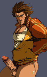 Rule 34 | bara, blush, brown hair, capcom, ace attorney, highres, male focus, muscular, will powers, penis, precum, will powers