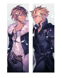 Rule 34 | 2boys, armor, belt, black jacket, black shirt, blonde hair, border, brown hair, chain, chain necklace, chest strap, cloud strife, cowboy shot, cropped jacket, earrings, falling petals, final fantasy, final fantasy vii, final fantasy vii advent children, final fantasy viii, fur trim, grey background, hair between eyes, high collar, jacket, jewelry, light smile, looking at another, male focus, multiple belts, multiple boys, necklace, open collar, petals, pokashi, scar, scar on face, scar on forehead, shirt, short hair, shoulder armor, single bare shoulder, single earring, single sleeve, sleeveless, sleeveless turtleneck, spiked hair, squall leonhart, square enix, turtleneck, waist cape, white border, white shirt