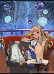 Rule 34 | 1girl, absurdres, argyle, argyle clothes, argyle legwear, armchair, bad id, bad pixiv id, blonde hair, bloomers, blue dress, blue eyes, board game, book, chair, chess, constellation, dennou pandemic, dress, female focus, highres, izuru (timbermetal), library, long hair, looking at viewer, mouth hold, no shoes, pantyhose, pillow, red upholstery, sitting, solo, table, underwear, watermark