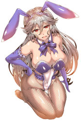 Rule 34 | 10s, 1girl, :d, animal ears, bare shoulders, black pantyhose, blue gloves, blush, breasts, cleavage, covered navel, detached collar, elbow gloves, fake animal ears, gloves, granblue fantasy, grey hair, hand on own hip, highres, huge breasts, leotard, long hair, looking at viewer, magisa (granblue fantasy), open mouth, pantyhose, playboy bunny, rabbit ears, red eyes, seiza, simple background, sitting, smile, solo, wakura (gcdan), white background