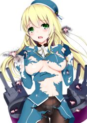 Rule 34 | 10s, 1girl, atago (kancolle), bad id, bad pixiv id, black gloves, black panties, black pantyhose, blonde hair, blue hat, blush, breasts, crotch seam, gloves, green eyes, hat, henet hene, kantai collection, large breasts, long hair, looking at viewer, military, military uniform, navel, open mouth, panties, panties under pantyhose, pantyhose, personification, solo, torn clothes, underwear, uniform