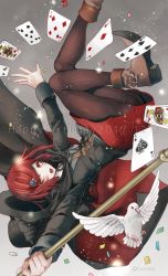 Rule 34 | 1girl, animal, ankle boots, ass, bird, black cape, black hat, black jacket, black pantyhose, blush, boots, brown footwear, cape, card, confetti, danganronpa (series), danganronpa v3: killing harmony, foreshortening, from side, gradient background, grey background, hair ornament, hairclip, happy birthday, hat, jacket, long sleeves, looking at viewer, looking to the side, open clothes, open jacket, open mouth, outstretched arms, pantyhose, playing card, red eyes, red hair, red skirt, sakuyu, school uniform, short hair, skirt, solo, swept bangs, twitter username, unbuttoned, upside-down, witch hat, yumeno himiko