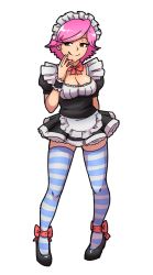 Rule 34 | 1girl, akairiot, alternate costume, animal crossing, apron, arm behind back, black dress, black footwear, bow, breasts, brown eyes, cleavage, dress, enmaided, eyeliner, finger to mouth, flipped hair, full body, highres, legs apart, licking lips, looking away, looking to the side, maid, maid apron, maid headdress, makeup, medium breasts, naughty face, nintendo, pigeon-toed, pink bow, pink hair, puffy short sleeves, puffy sleeves, shoes, short dress, short hair, short sleeves, smile, solo, standing, striped clothes, striped thighhighs, super smash bros., swept bangs, thighhighs, tongue, tongue out, transparent background, villager (animal crossing), waist apron, white background, wrist cuffs, zettai ryouiki