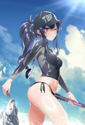 Rule 34 | 1girl, absurdres, alternate breast size, alternate hairstyle, ass, bikini, black bikini bottom, bodysuit, breasts, choujigen game neptune, cloud, cloudy sky, commentary request, cowboy shot, diving suit, fish request, fishing rod, hat, highleg, highleg bikini, highres, holding, holding fishing rod, looking at viewer, medium breasts, mob cap, mstm, navel, neptune (series), one eye closed, ponytail, profile, purple eyes, shadow, sidelocks, sky, smile, solo, string bikini, swimsuit, taut clothes, taut swimsuit, thighs, top nep hat, uni (neptunia), wetsuit