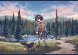 Rule 34 | 1girl, ahoge, animal, bench, blind girl (popopoka), brown footwear, brown hair, brown sweater, contrapposto, day, dog, facing down, fetch, freckles, full body, grass, grey socks, happy, highres, kneehighs, long sleeves, mountainous horizon, neck ribbon, original, outdoors, path, plaid, plaid skirt, playing, popopoka, red ribbon, ribbon, road, shoes, skirt, smile, socks, solo, stick, sweater, teeth, tree