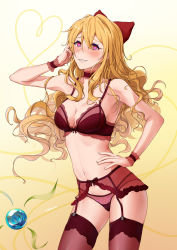 Rule 34 | 1girl, absurdres, blonde hair, blush, bow, bra, bra strap, bracer, breasts, cleavage, garter belt, garter straps, granblue fantasy, hair bow, hand on own head, hand on own hip, highres, lingerie, long hair, looking at viewer, medium breasts, navel, panties, purple eyes, red bow, red bra, red panties, red thighhighs, simple background, smirk, solo, standing, thighhighs, underwear, vira (granblue fantasy), yamakan hoshino