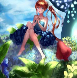 Rule 34 | 1girl, :o, absurdres, bare shoulders, barefoot, blue dress, blue eyes, blue sky, breasts, day, dress, food, fruit, full body, highres, long hair, mushroom, outdoors, own hands together, ponytail, sidelocks, sitting, sketch, sky, small breasts, solo, very long hair, xinhong ditan