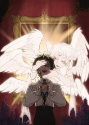 Rule 34 | 2boys, angel wings, black hair, black pants, empty picture frame, ensemble stars!, extra eyes, feathered wings, highres, holding, holding knife, itsuki shu, kagehira mika, knife, male focus, multiple boys, multiple wings, okami maggall, pale skin, pants, picture frame, seraph, shirt, short bangs, short hair, valkyrie (ensemble stars!), white hair, white shirt, white wings, wings