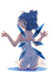 Rule 34 | 1girl, back, backlighting, blue eyes, blue hair, cirno, dress, from behind, grin, hair ribbon, ice, ice wings, looking at viewer, looking back, matching hair/eyes, mister rhino (wangzisama1001), partially submerged, ribbon, see-through silhouette, short hair, simple background, sleeveless, smile, solo, touhou, wading, water, white background, wings