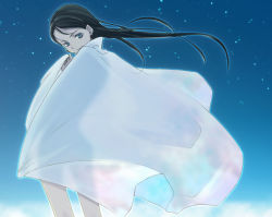 Rule 34 | 1girl, black hair, blue eyes, cape, covering privates, from behind, light smile, long hair, looking back, naked cape, night, night sky, nude, nude cover, original, silhouette, sky, solo, star (sky), starry sky, torazou