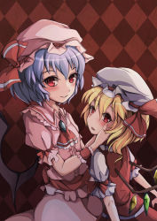 Rule 34 | 2girls, argyle, argyle background, argyle clothes, blouse, collared shirt, female focus, flandre scarlet, grasspainter, hair between eyes, hand on another&#039;s cheek, hand on another&#039;s face, hat, highres, kusatsuta, light smile, mob cap, multiple girls, pink shirt, red wrist cuffs, remilia scarlet, shirt, slit pupils, touhou, white shirt, wrist cuffs