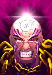 Rule 34 | 1boy, angry, artist request, bald, bloodshot eyes, chain, clenched teeth, coat, facial tattoo, fur collar, highres, korean text, limbus company, neck tattoo, project moon, purple coat, red eyes, ricardo (project moon), snot, solo, solo focus, tattoo, tears, teeth, thumbs up, veins, you&#039;re bald (lobotomy corporation)