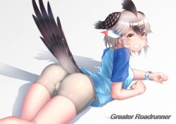 Rule 34 | 1girl, absurdres, akuma (st.takuma), arched back, arm support, ass, bare arms, bare legs, bike shorts, bird tail, bird wings, black hair, character name, crotch seam, feathers, from side, greater roadrunner (kemono friends), green eyes, grey hair, grin, hair ornament, hair tubes, hairband, head wings, highres, impossible clothes, impossible shorts, kemono friends, kemono friends 2, looking at viewer, looking to the side, lying, medium hair, multicolored hair, on stomach, pantylines, shadow, shiny clothes, shirt, short sleeves, shorts, sidelocks, skin tight, skindentation, smile, solo, star (symbol), tail, wings